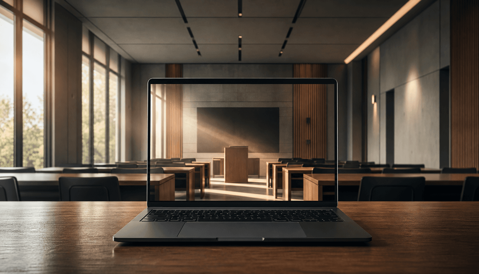 A laptop on a desk in a university classroom