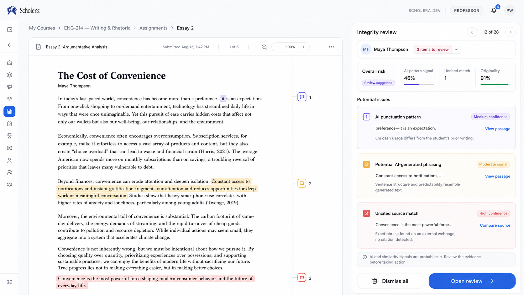 Scholera AI detection interface
